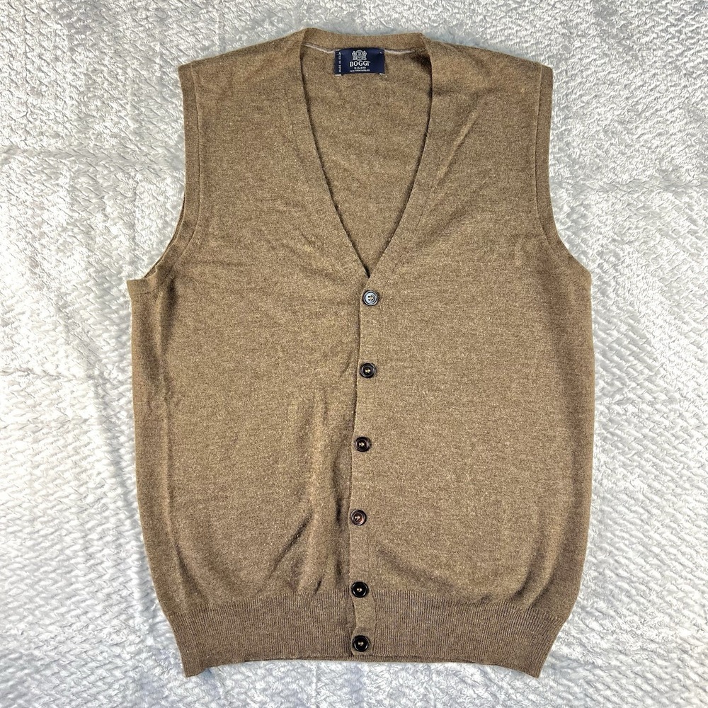 Boggi Milano 100% Virgin Wool Vest Men Sm Brown V Neck Grandpa Preppy Designer